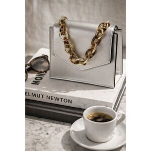 MoMA Metallic Silver Handbag Tortoise Chain Strap Statement Mini Purse